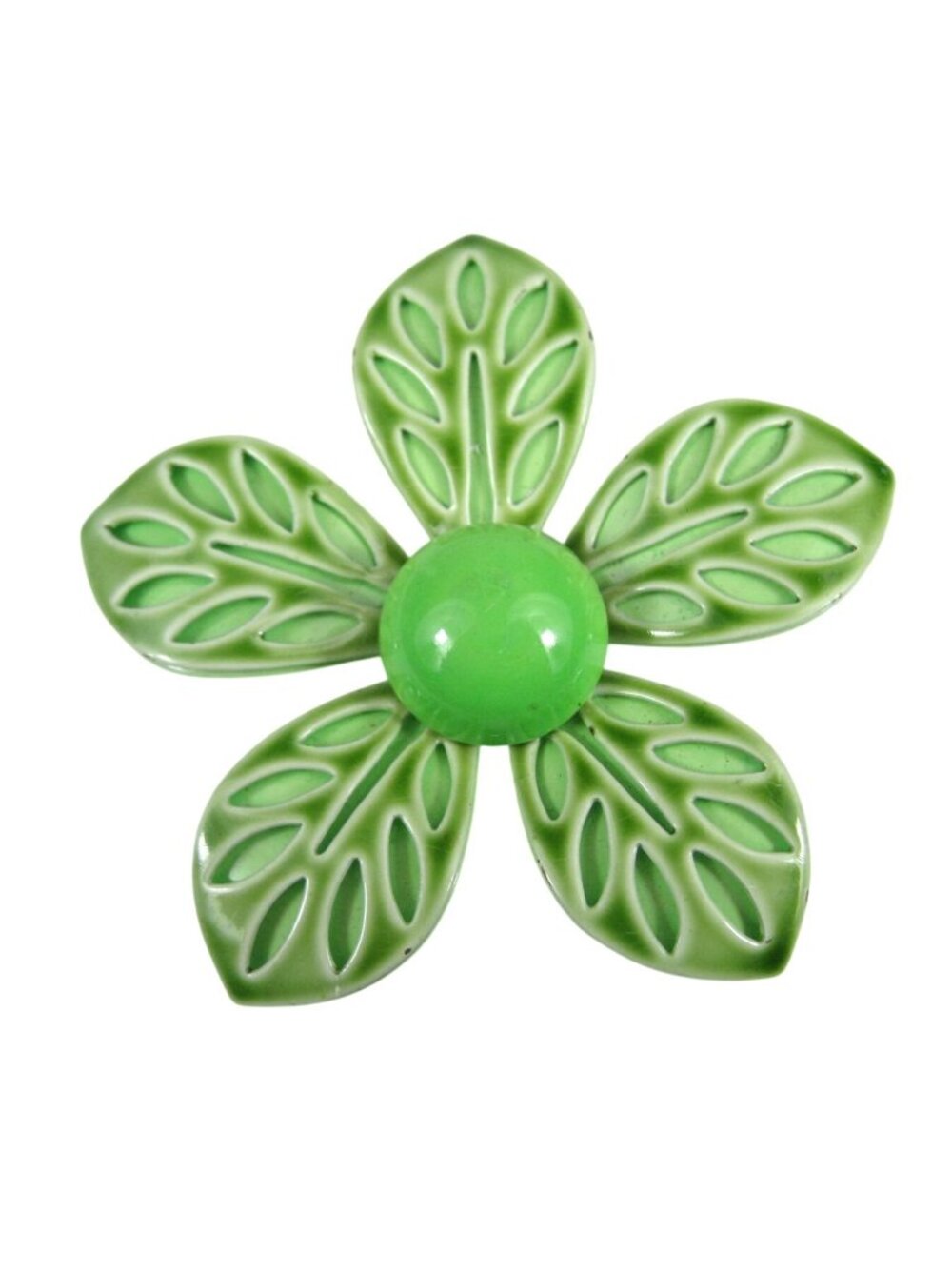 Vintage 1960s Green Enamel Flower Leaf Brooch Pin MOD Mid Century Statement